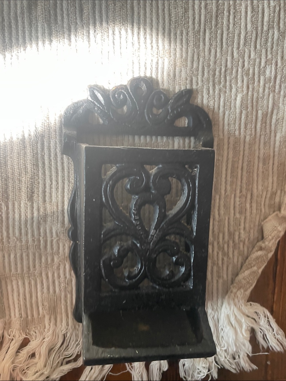 Vintage Ornate Cast Iton Black Match or Toothpick Holder Wall-Mount w Scrollwork